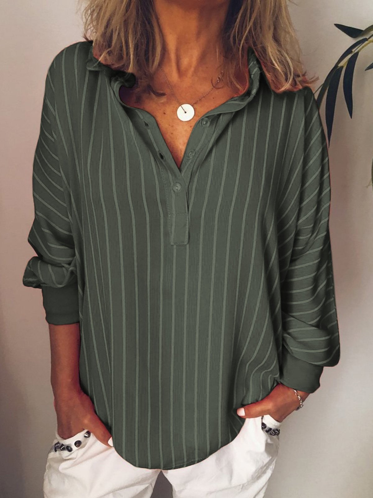 Casual Long Sleeve Stripe Collared Buttons Shirts