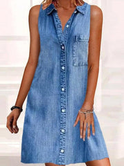 Washed Denim Button Front Sleeveless Mini Dress