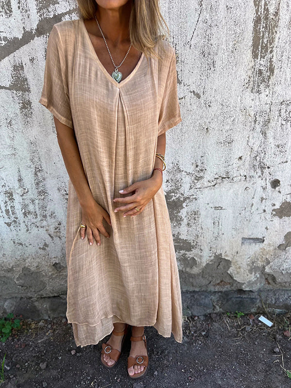 Women's Casual Cotton Linen wi Button Down 1/2 Long Sleeve Lapel V Neck Summer Midi Dresses