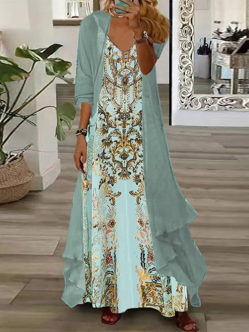 Graphic Printed Half Sleeve V-Neck Two Pieces Maxi Dress