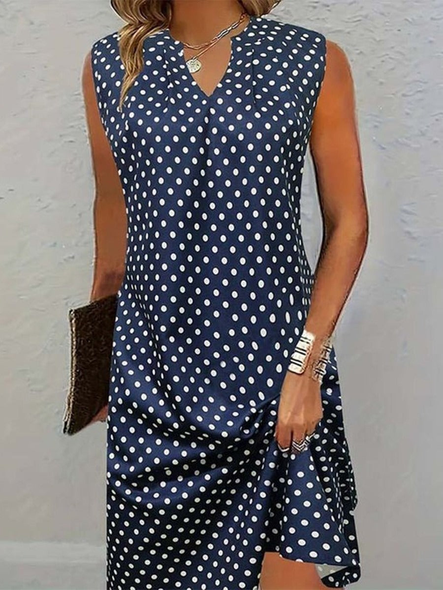 Vintage Sleeveless Navy Blue Polka Dot V-neck Short Dress