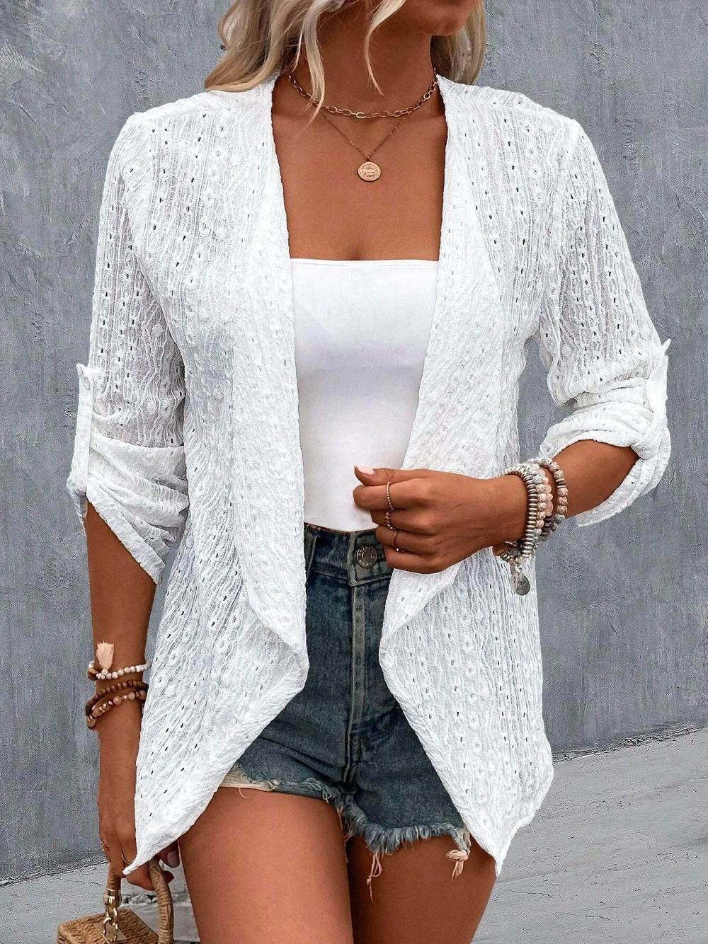 3/4 Sleeves Solid Embroidered Hollow Casual Loose Top Main image