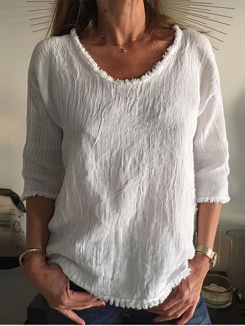 Casual White Mid-Long Sleeve Tassel T-Shirt