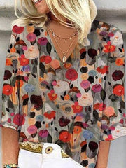 Colorful Floral Print 3/4 Sleeves V Neck Shirt