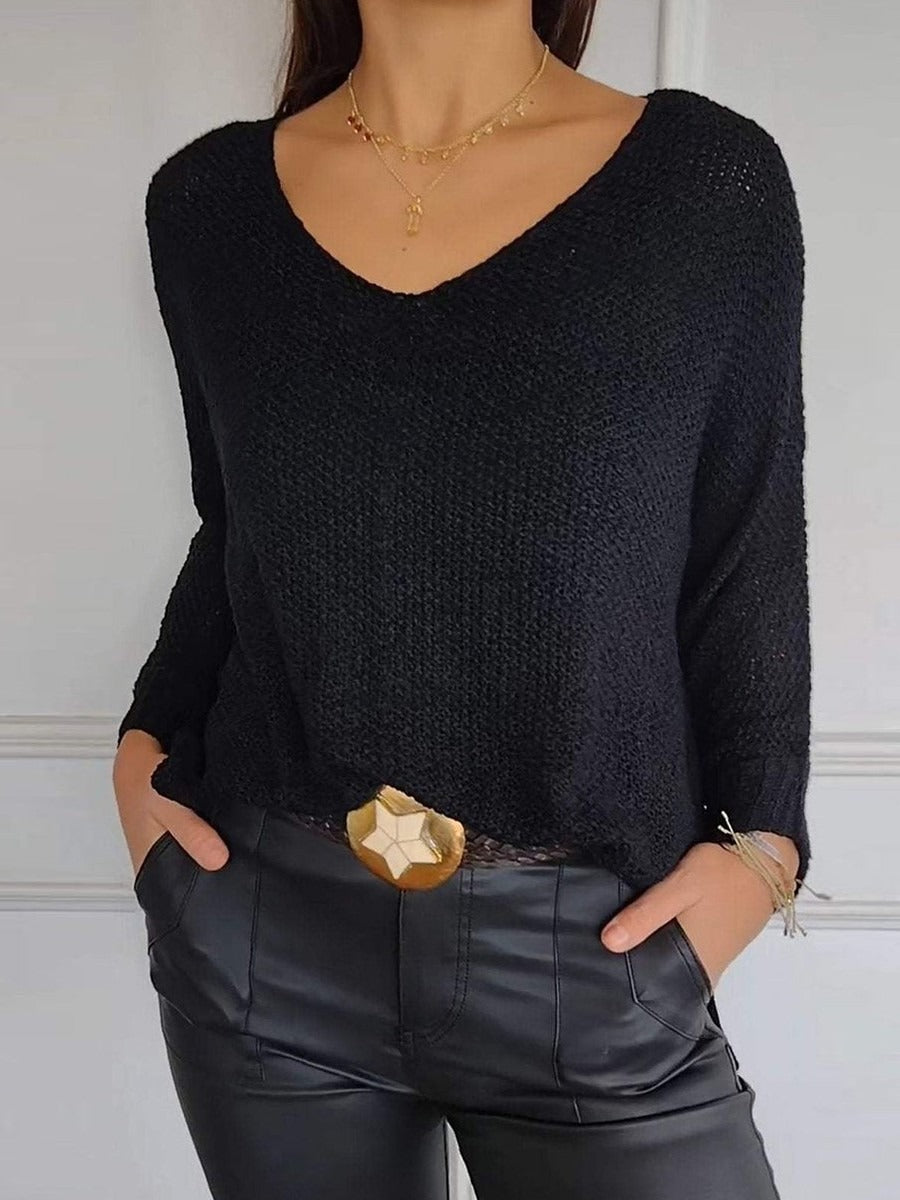Casual Plain V-neck Knitted Long Sleeve Sweater
