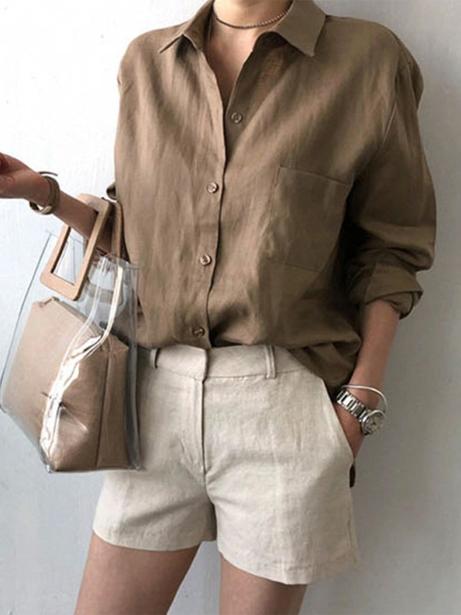 Coffee Casual Loose Plain V-neck Shirt