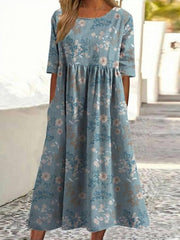 Vintage Floral Print Round Neck Half Sleeve Dress