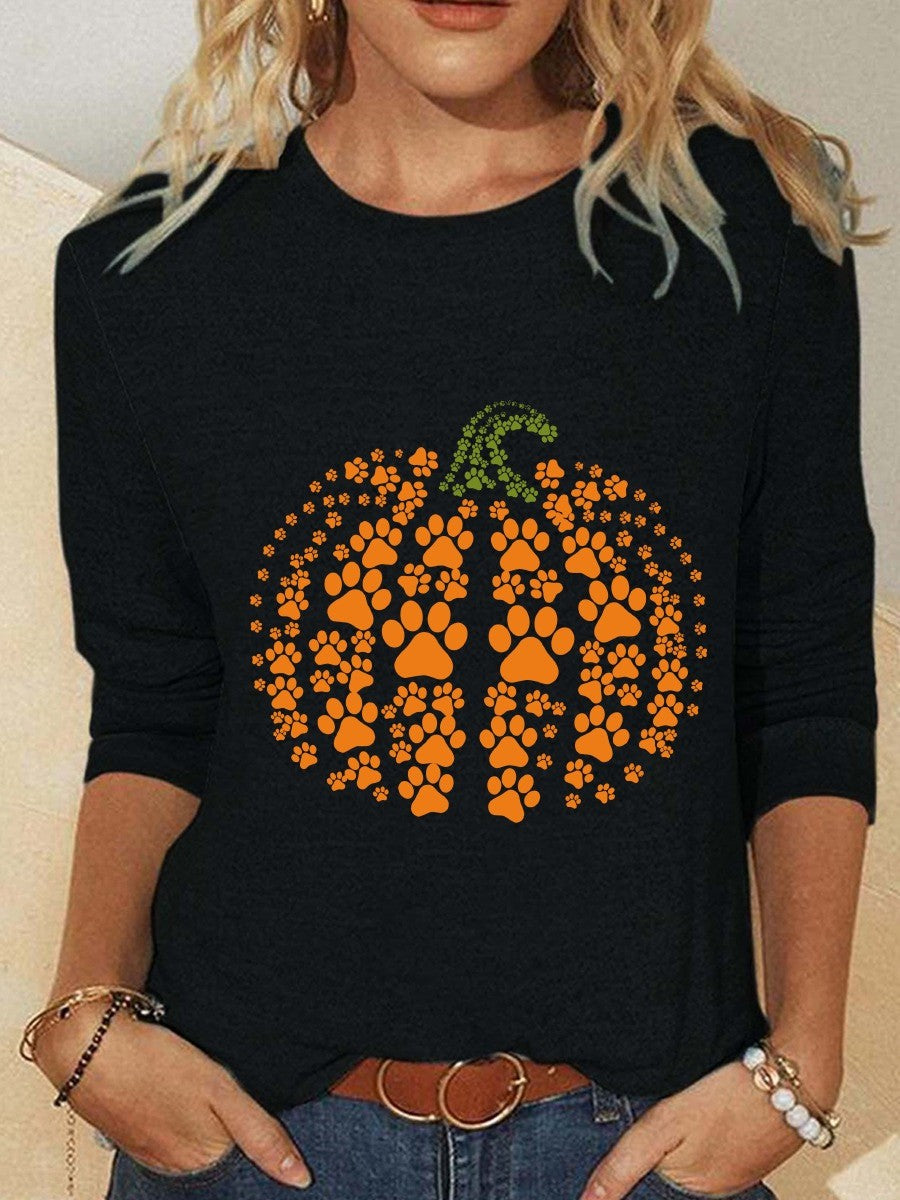 Halloween Pumpkin Print Crew Neck Long Sleeve Blouse