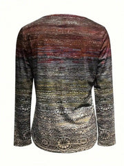 Geometric Zipper V-Neck Long Sleeve Blouse