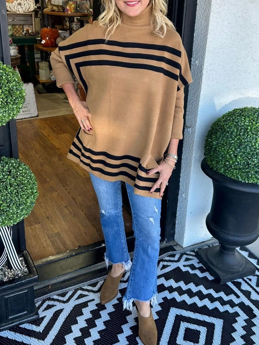 Striped Turtleneck Bat Sleeve Sweater