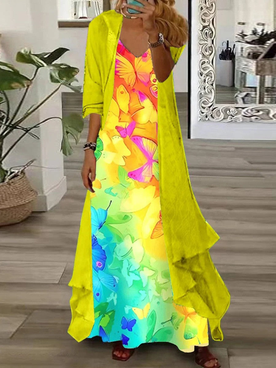 Long Sleeve V-Neck Colorblock Graphic Maxi Dress Set