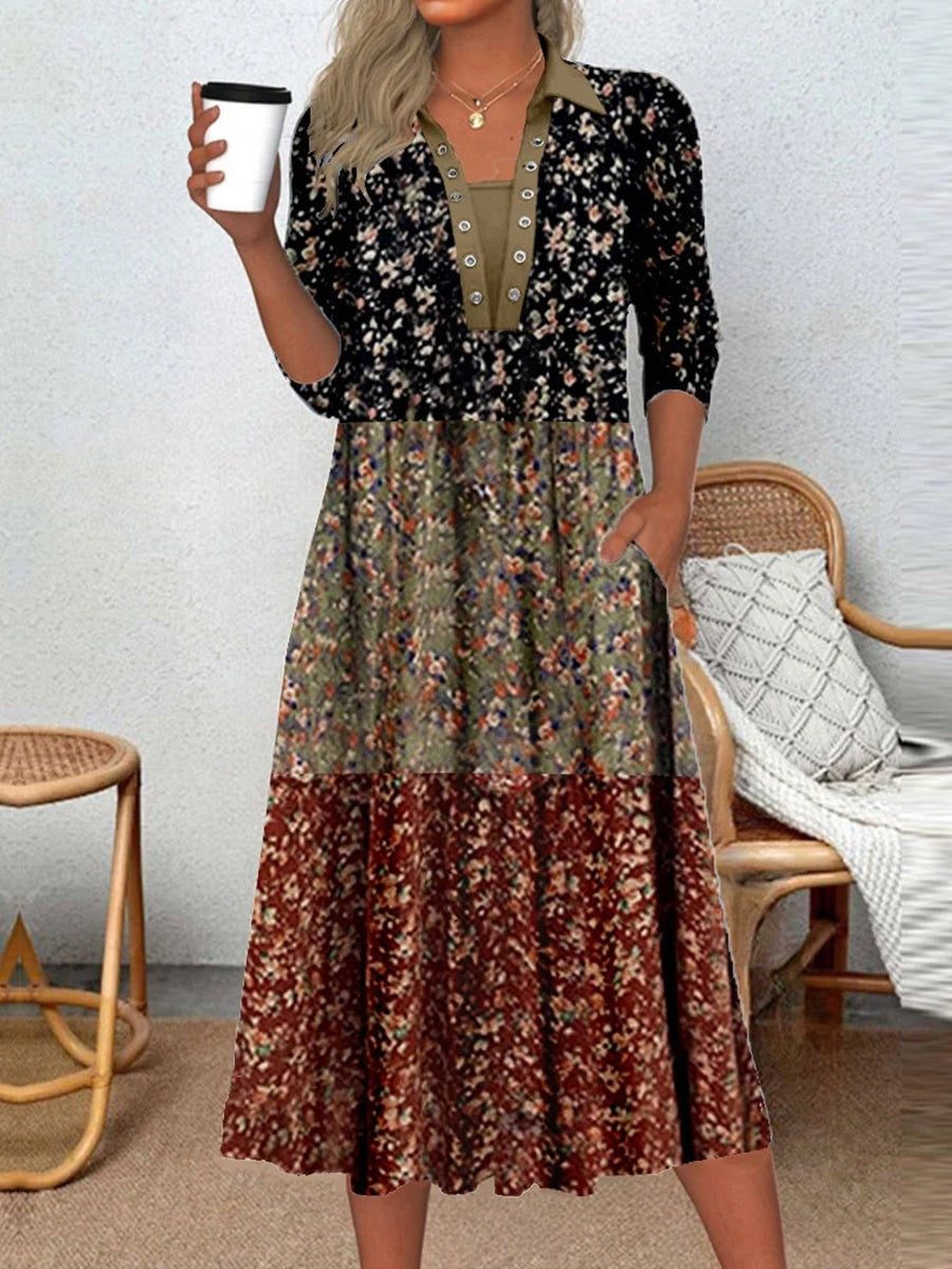 Long Sleeved Round Neck Floral Pattern Print Mid Length Dress