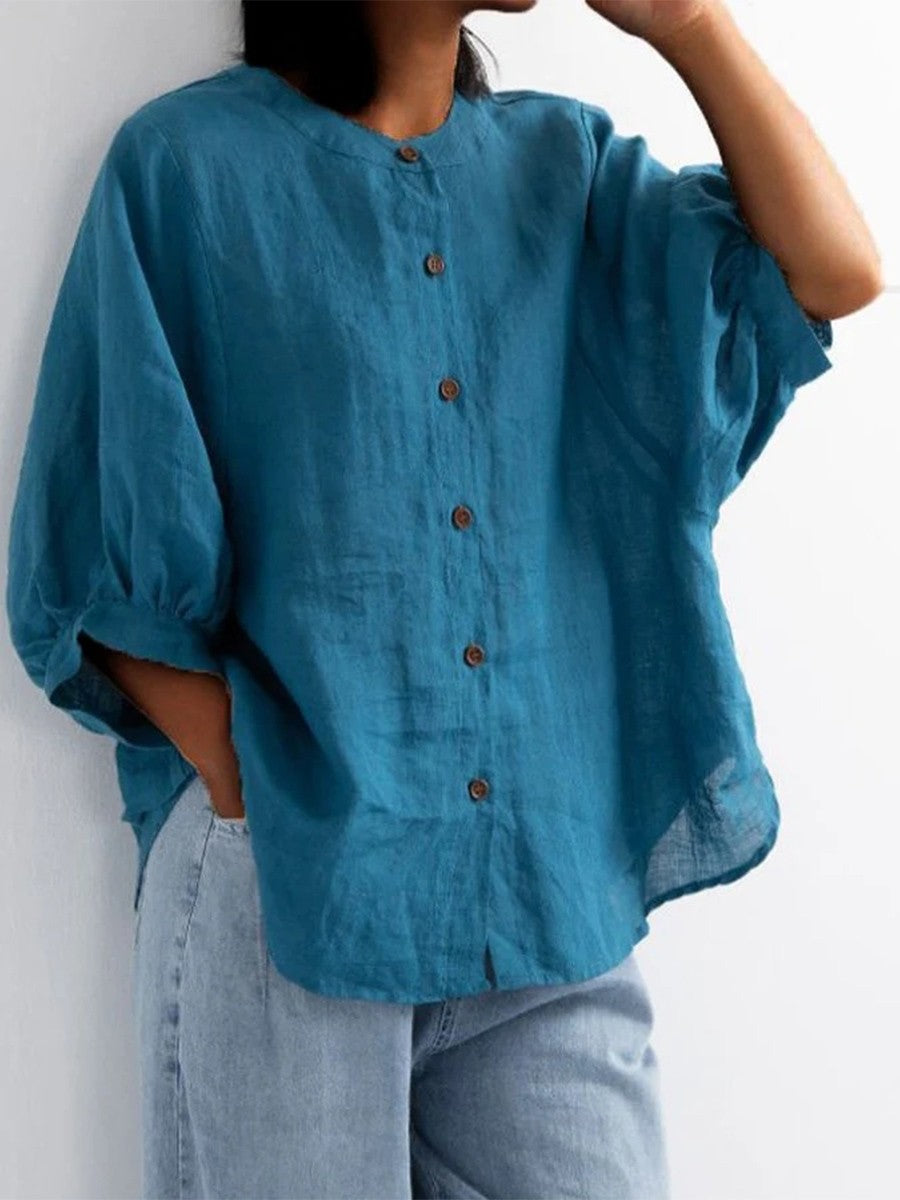 Retro Lantern Sleeve Cotton And Linen Loose Shirt