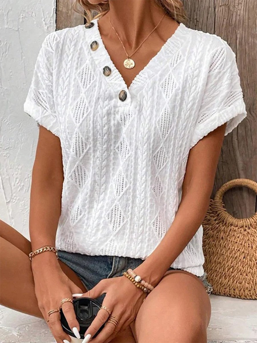 V Neck Loose Short Sleeved Button Solid Color T Shirt