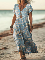 Vintage Floral Print V-Neck Short Sleeve Dress
