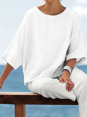 Solid Crew Neck 3/4 Sleeves Loose T-shirt