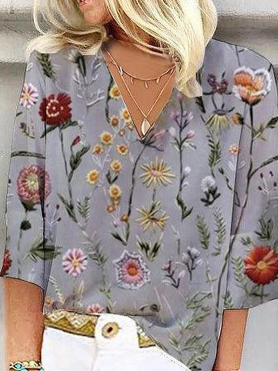 Floral Print 3/4 Sleeves V-neck Comfy Top