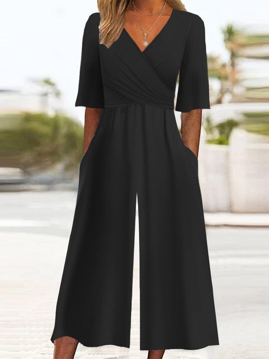 Pure black casual short sleeve pocket Jumpsuit