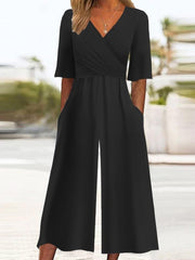 Pure black casual short sleeve pocket Jumpsuit