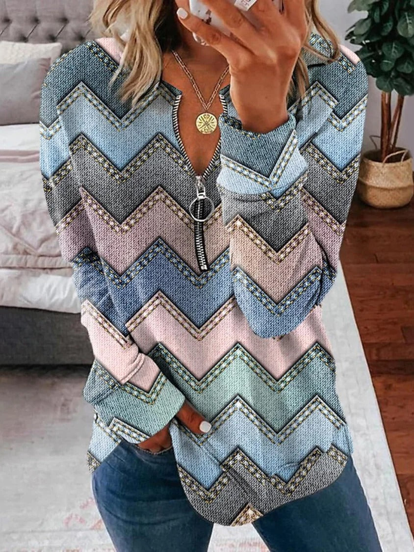 V Neck Geometric Regular Fit Casual Sweatshirt