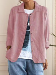 Plain Buckle Shawl Collar Cotton And Linen Loose Shirt