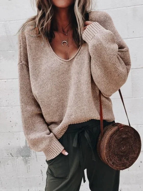 Plain Casual Long Sleeve V Neck Yarn/Wool Yarn Sweater