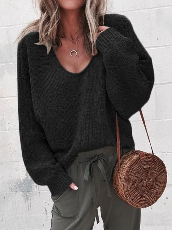 Plain Casual Long Sleeve V Neck Yarn/Wool Yarn Sweater