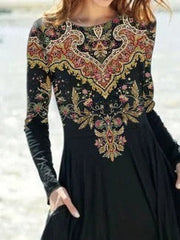 Ethnic Crew Neck Long Sleeve Regular Fit X-line Casual Maxi Holiday Dress