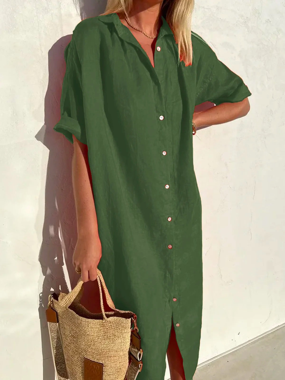 Cotton and Linen Half Sleeve Shirt Dress Maxi Button Down Spring Summer
