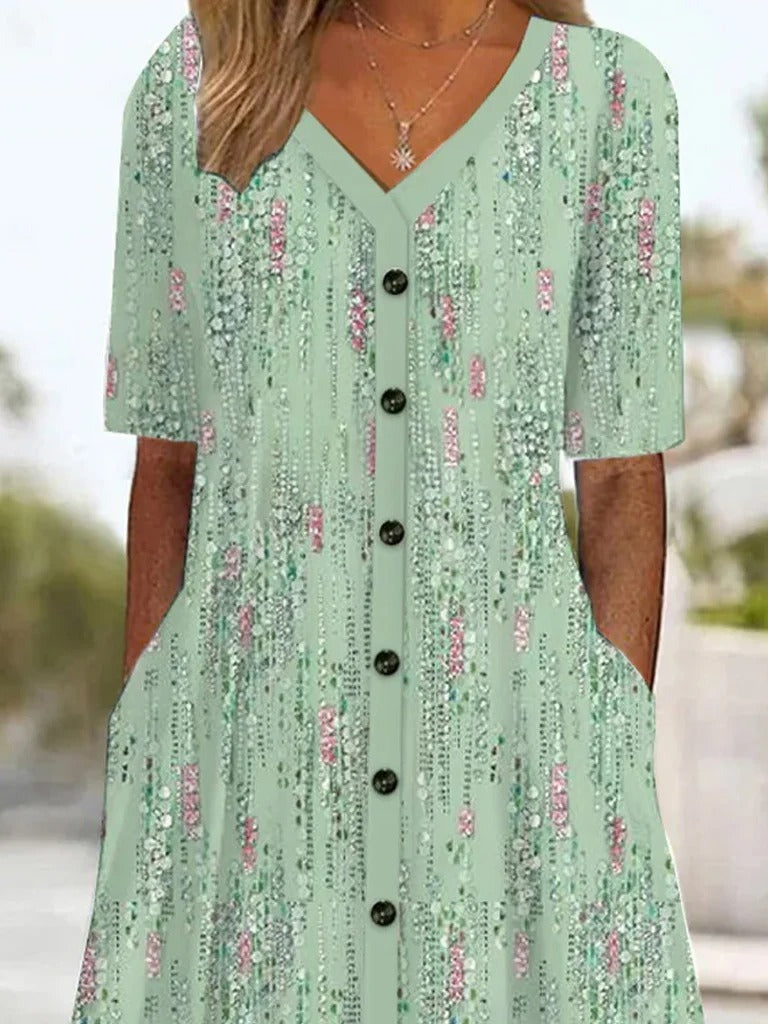 Women's Short Sleeve Summer Floral V Neck Midi Dress Casual A Line Green