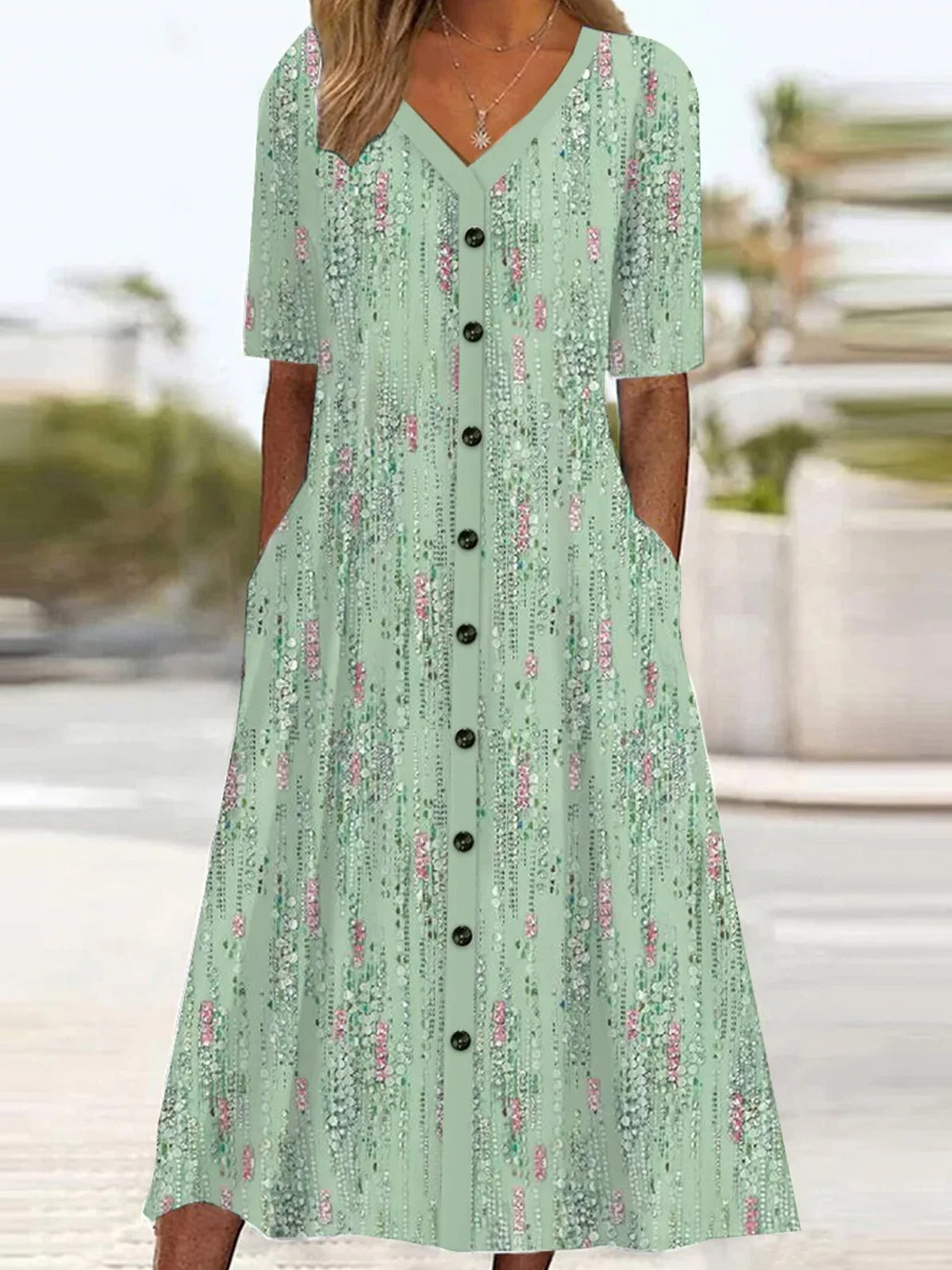Women's Short Sleeve Summer Floral V Neck Midi Dress Casual A Line Green