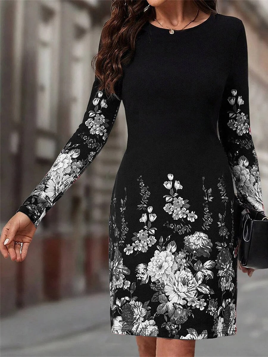 Long Sleeve Spring Fall Floral Crew Neck Midi H-Line Dress