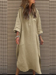Long Sleeve Spring Fall Plain Buckle Shirt Collar Midi H-Line Dress