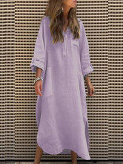 Long Sleeve Spring Fall Plain Buckle Shirt Collar Midi H-Line Dress
