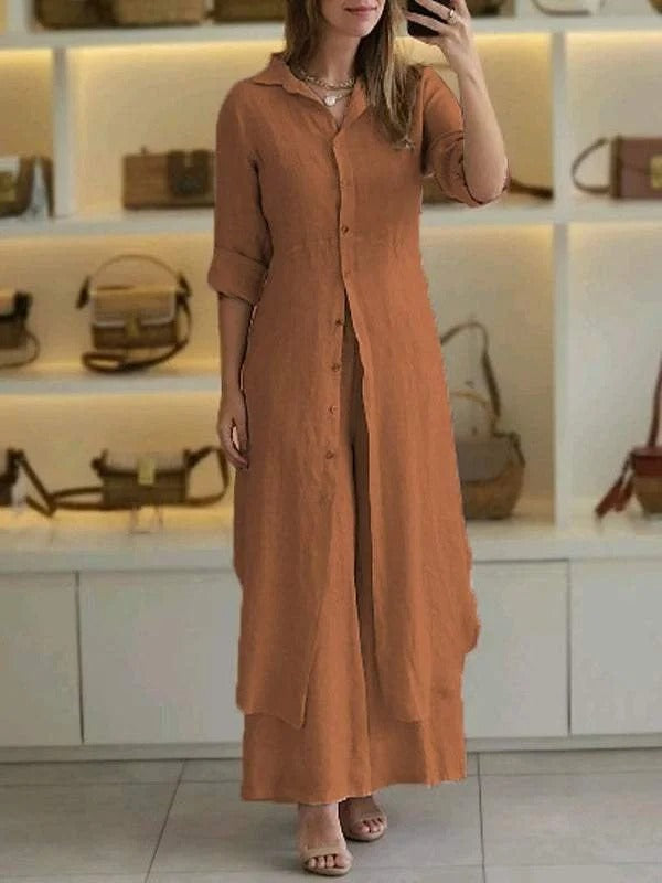 Plain Shawl Collar Long Sleeve Comfy Casual Top With Pants Two-Piece Set
