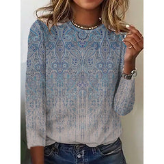Ethnic Lace Crew Neck Long Sleeve Comfy Blouse
