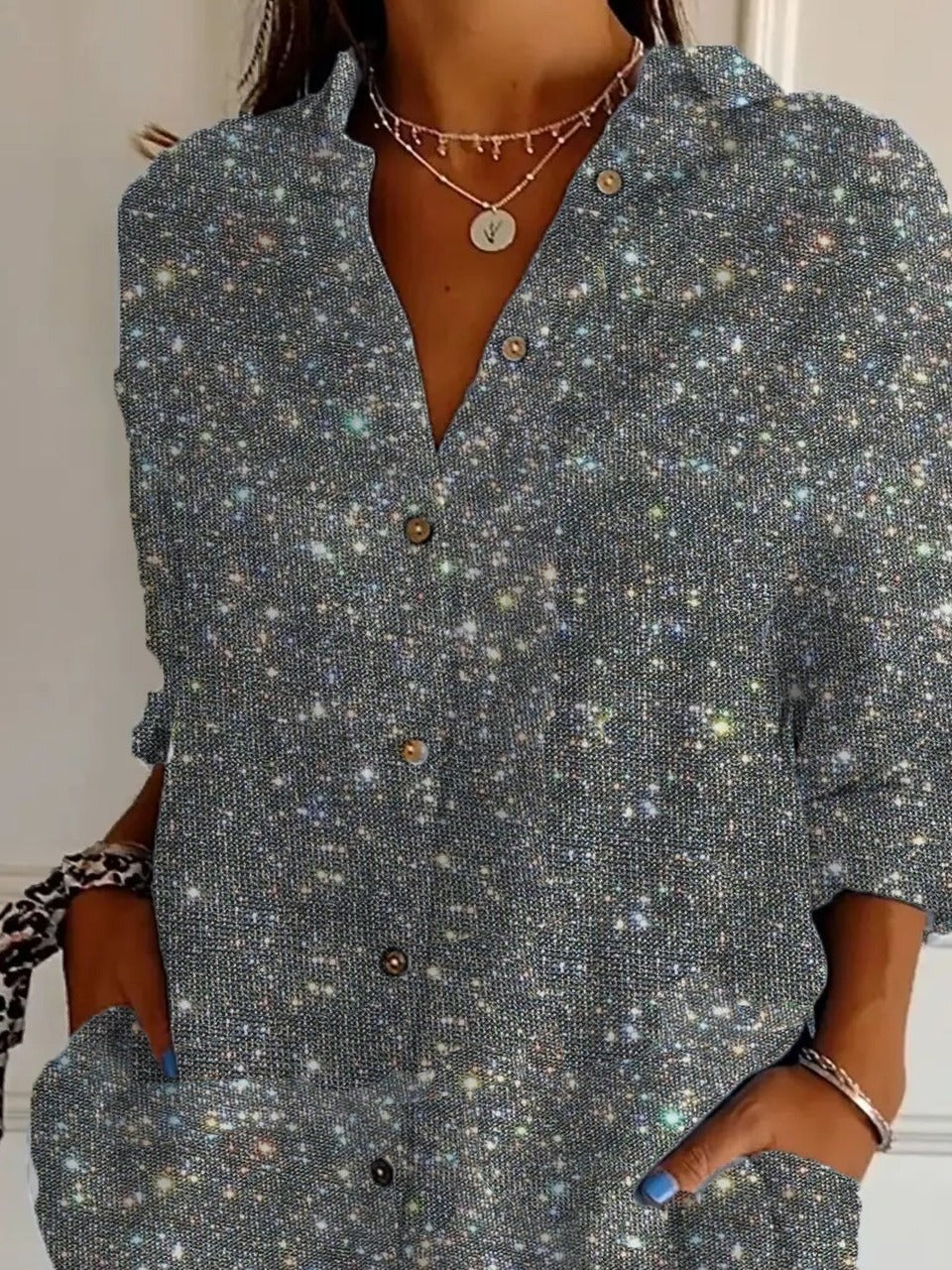 Geometric Sequins Shirt Collar Long Sleeve Loose Shirt