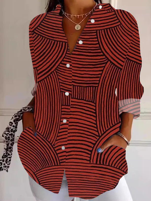 Geometric Stripes Shirt Collar Long Sleeve Lightweight Regular Fit Shirt