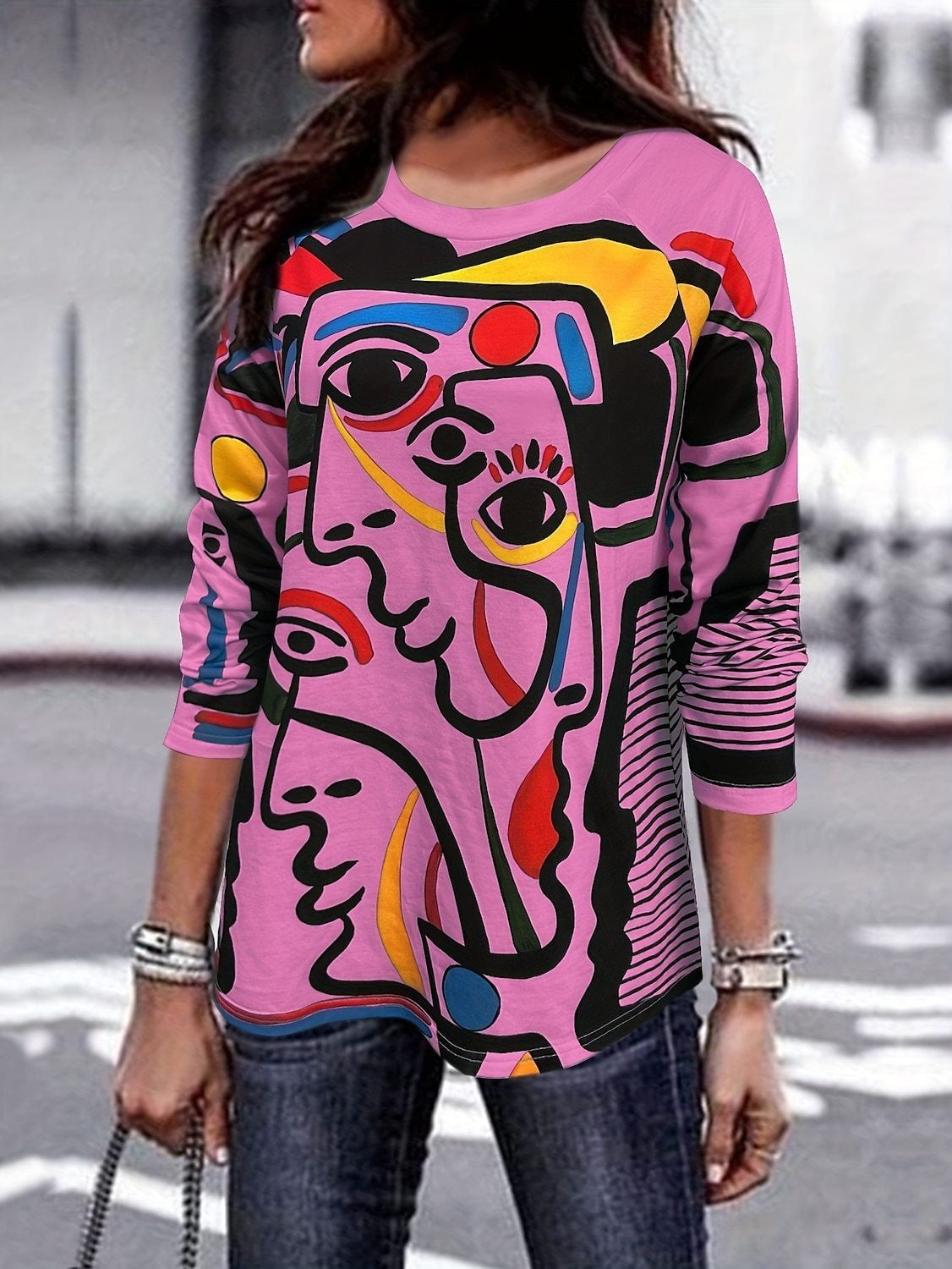 Abstract Face Print Long Sleeve Crew Neck Casual Blouse Secondary image