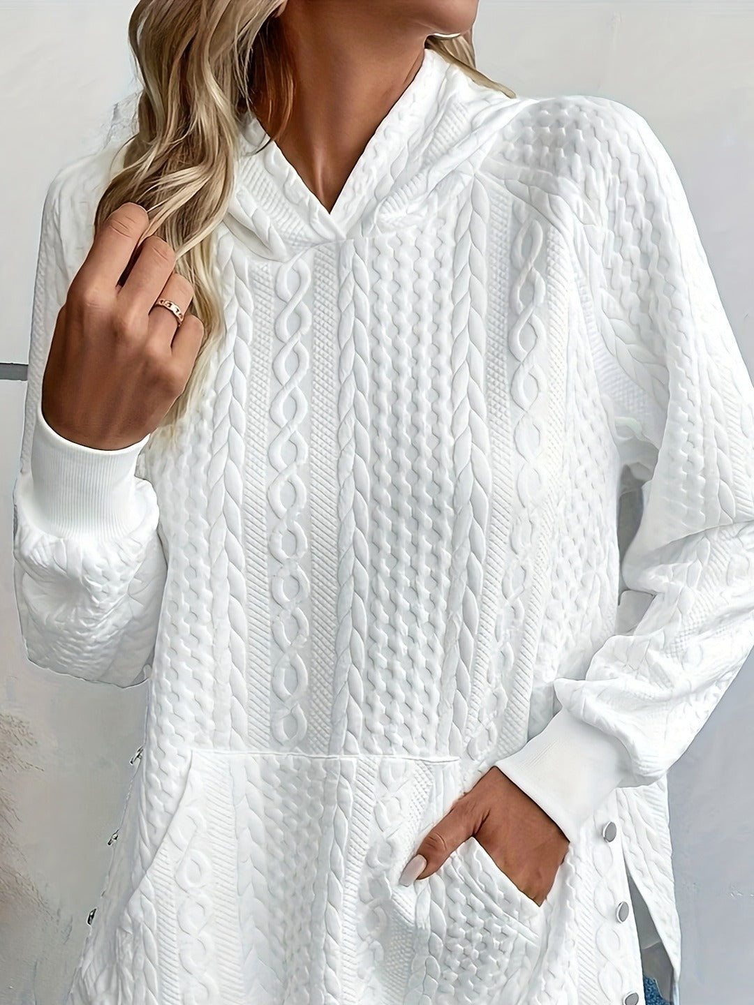 Casual Hooded Fall Fashion Side Split Buckles Long Sleeve Patch Pocket Sweatshirt