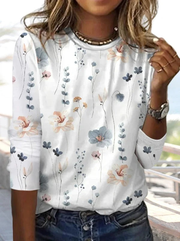 Casual Floral Print Crew Neck Long Sleeve Daily Loose Blouse
