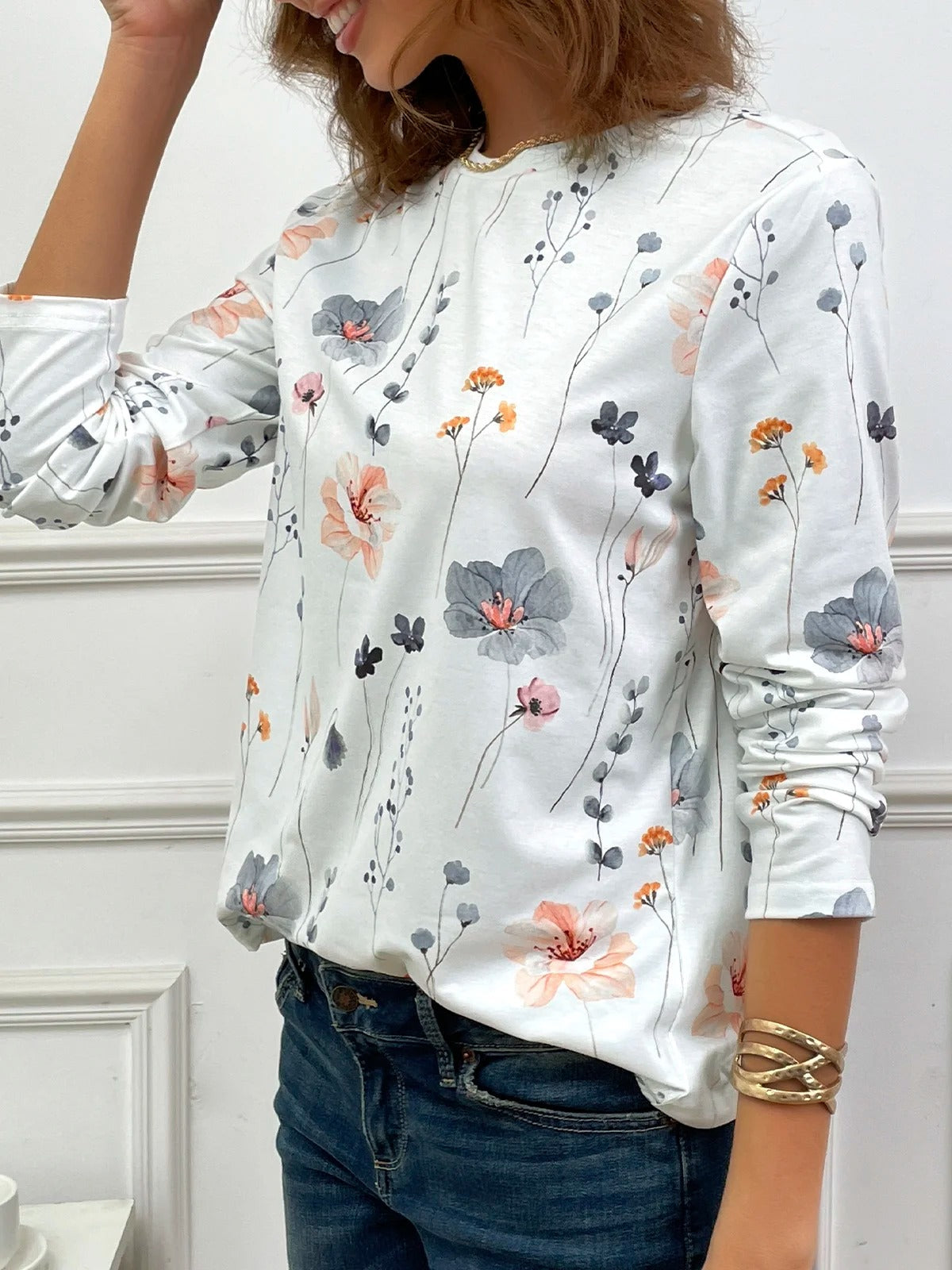 Casual Floral Print Crew Neck Long Sleeve Daily Loose Blouse