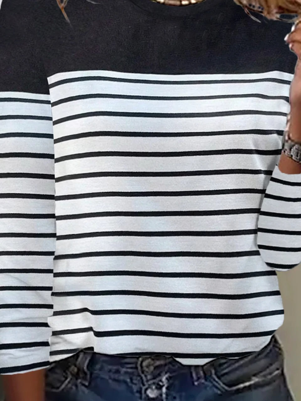 Basic Stripe Color Block Crew Neck Loose Long Sleeve Casual Blouse