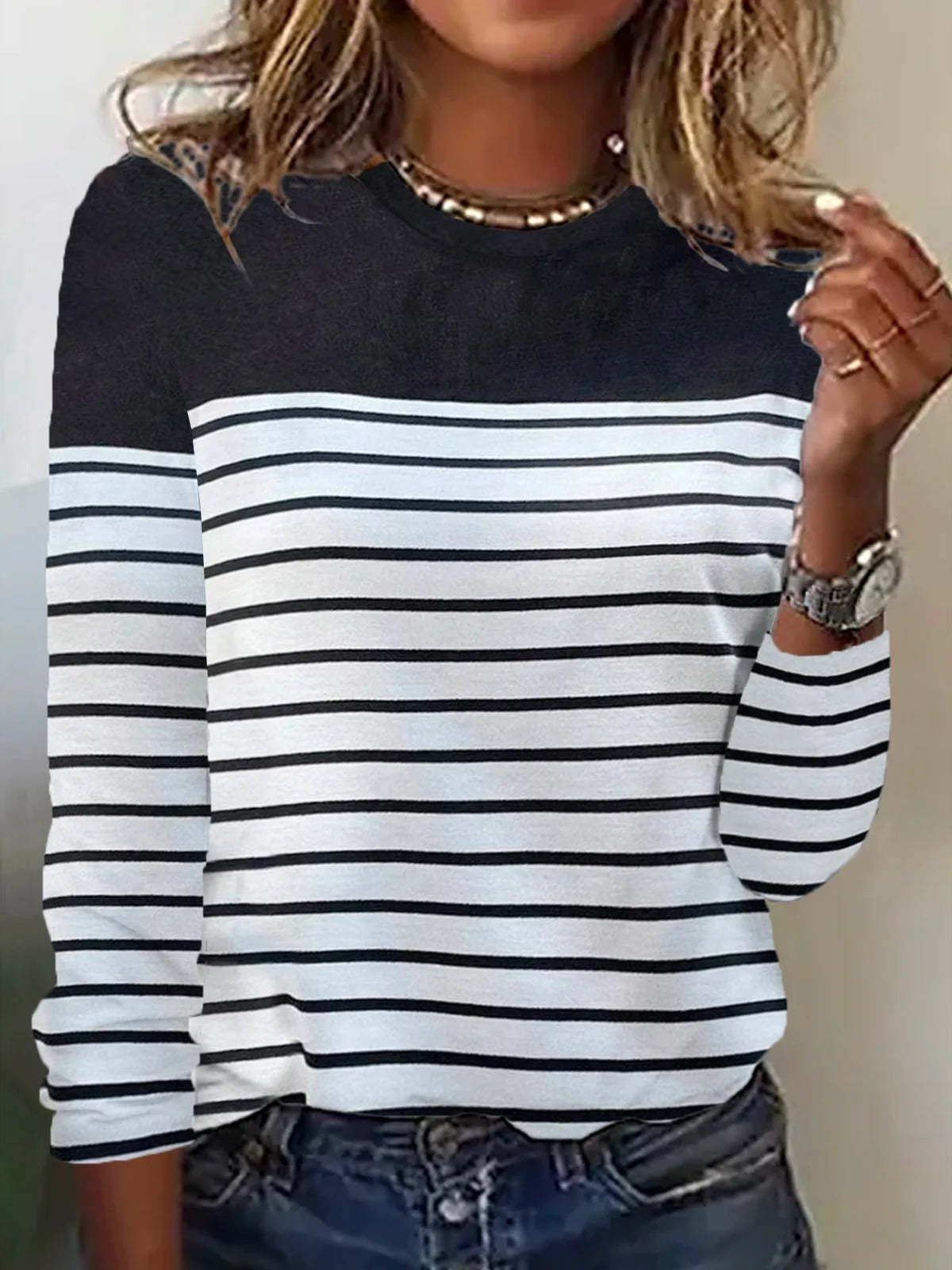 Basic Stripe Color Block Crew Neck Loose Long Sleeve Casual Blouse