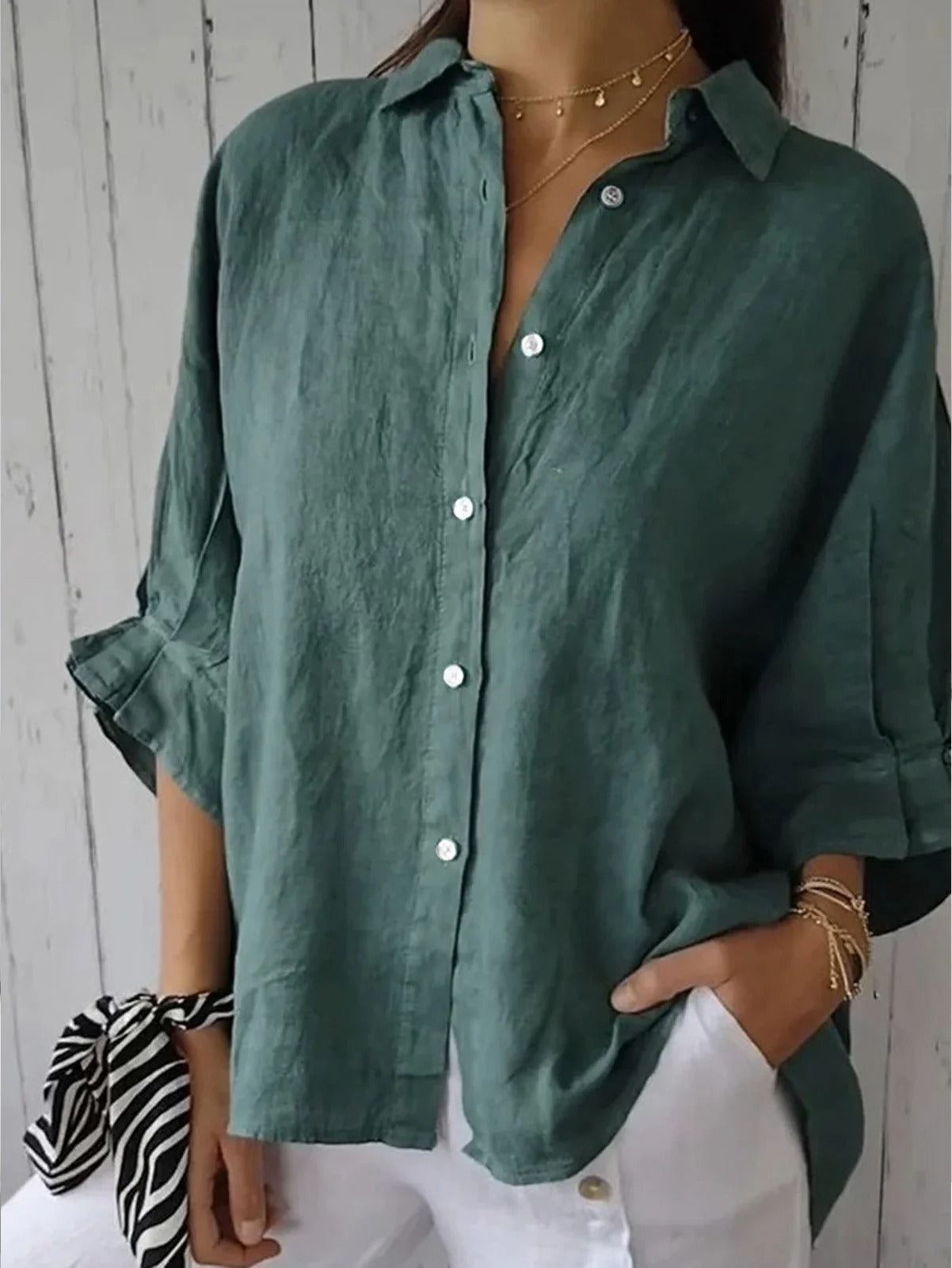 Cotton Plain Buckle Shirt Collar Half Sleeve White Shirt