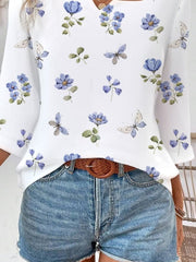 Cotton Floral Notched 3/4 Sleeves Cute Loose Blouse