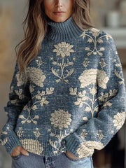 Vintage Lovely Floral Art Print Knit Turtleneck Pullover Sweater