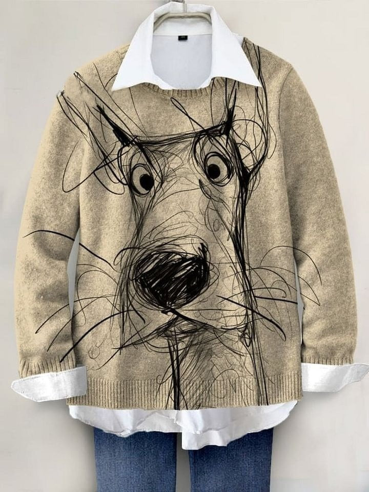 Cute Dog Hand-Painted Art Print Knit Pullover Sweater
