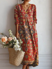 Vintage Floral Art Print With Pocket V-neck Long Sleeve Maxi Dress