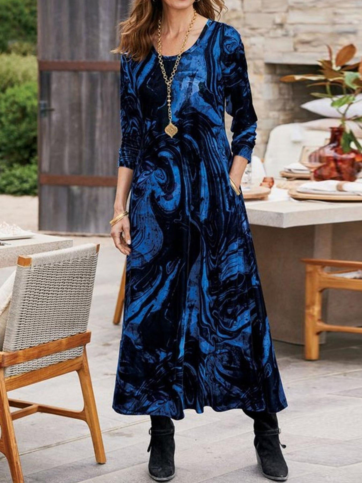 Stylish Abstract Print Round Neck Long Sleeve Pocket Casual Maxi Dress